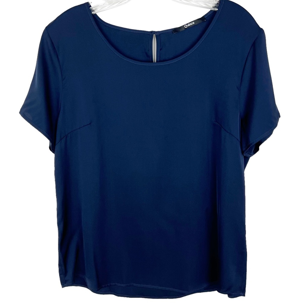 Quince navy blue short sleeve crew neck silk top size L.